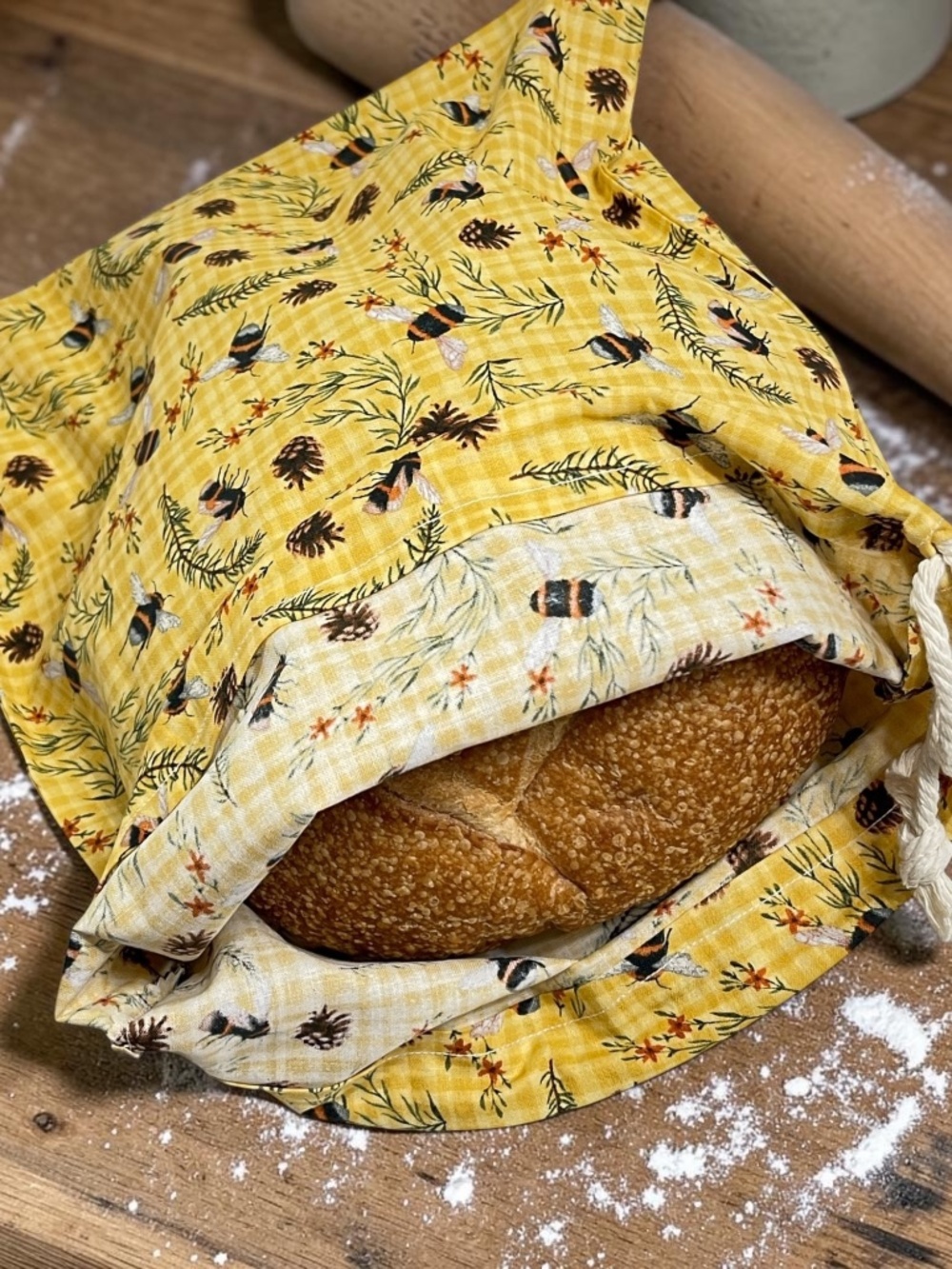 Yellow Bumblebee Cotton Bread Bag, Reusable Sourdough Bread Storage Bag